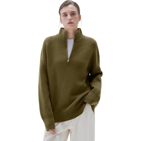 Women Olive Green Oversized Cashmere Collared Ribbed Long Sleeve Sweater - Picture 2 of 7
